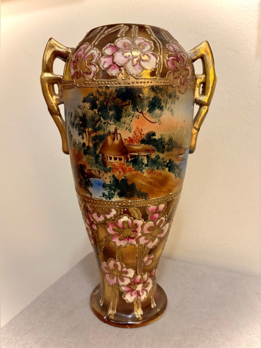 Japanese Nippon-Style Urn, Exquisite Moriage Florals & Landscape Antique 10 inch
